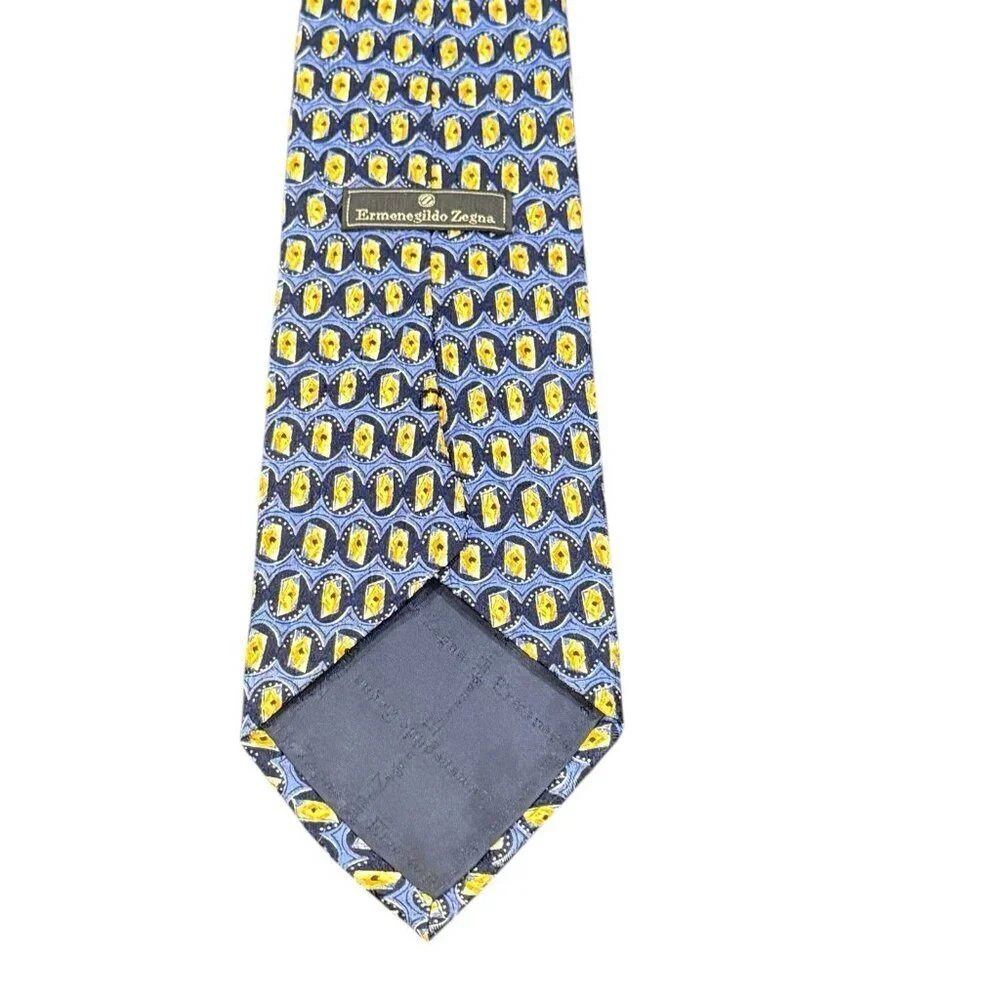 Ermenegildo Zegna Italian Silk Blue And Gold Geometric Mens Neck Tie